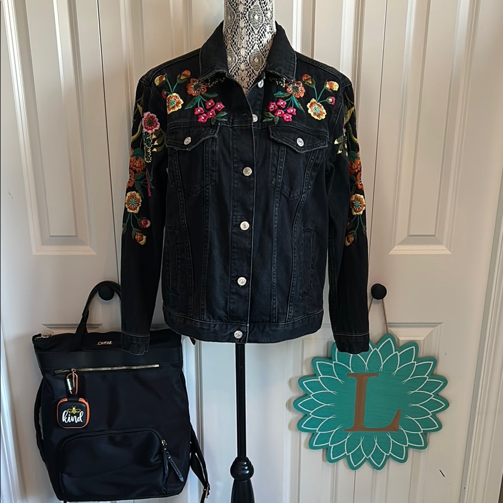 Topshop Black Jean Jacket with Floral Embroidery